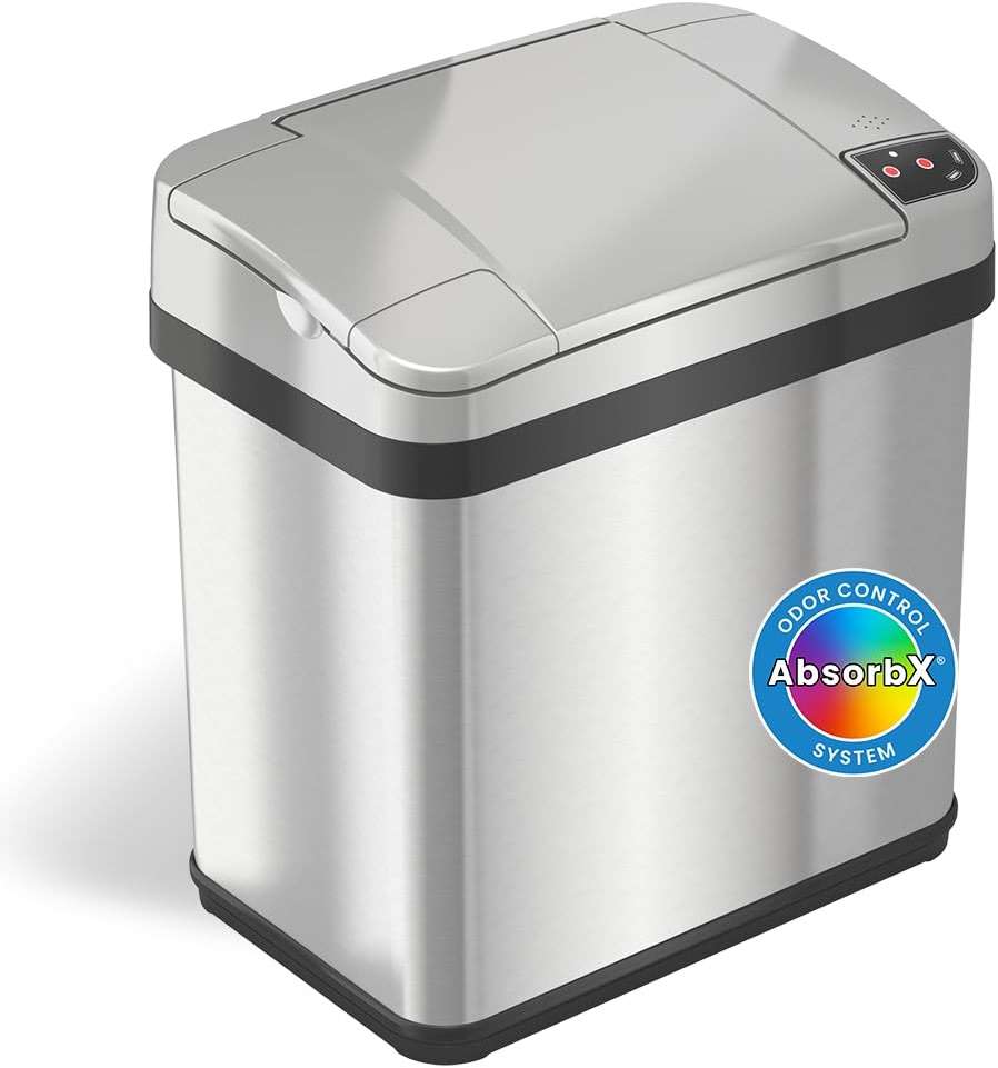 iTouchless 10 Liter / 2.5 Gal Sensor Bathroom Trash Can with Lid and AbsorbX Deodorizer, Stainless Steel Small Waste Basket, Includes Air Freshener Fragrance Pack, Home Office Bedroom Livingroom - Image 1