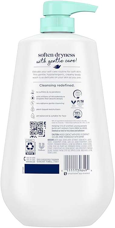 Dove Body Wash with Pump Sensitive Skin For 24hr Lotion-Soft Skin Moisturizing Skin Cleanser Gentle Hypoallergenic Formula with No Sulfates No Parabens 30.6 oz - Image 2