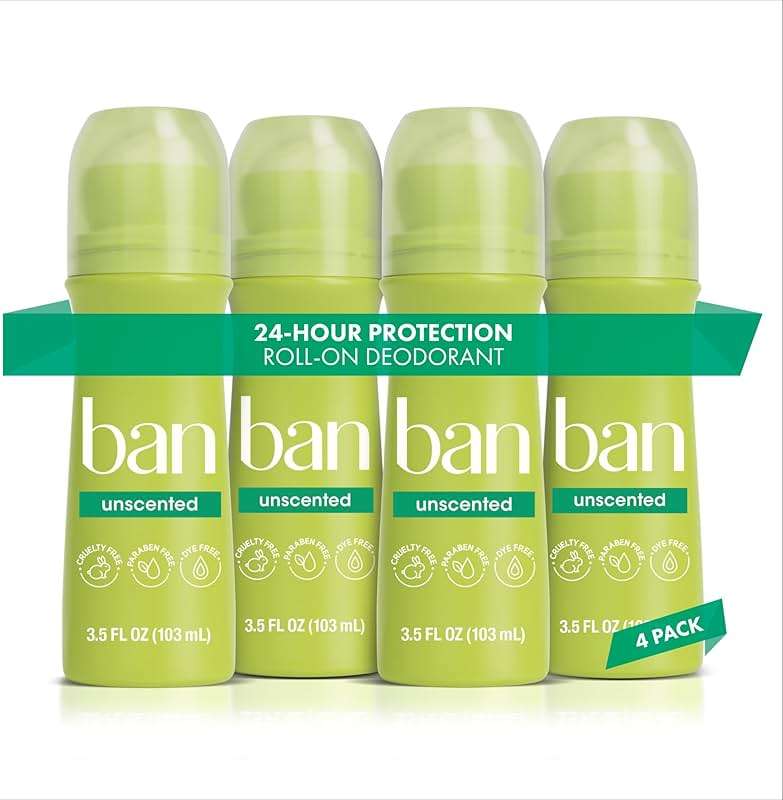 Ban Invisible Roll-on Antiperspirant Deodorant for Women and Men, 24-hour Underarm Odor & Sweat Protection, Unscented, 3.5 Oz, Pack of 4 - Image 1