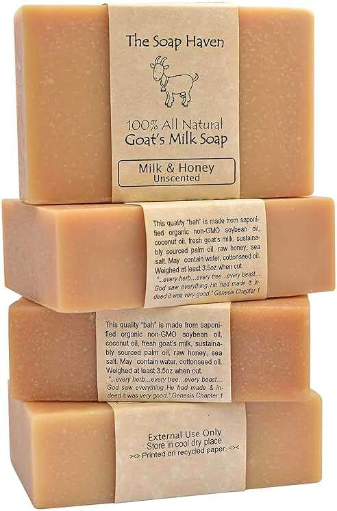 The Soap Haven Handmade Goat Milk Soap Bar with Honey | Unscented Fragrance Free Sulfate & Paraben Free Soap for Sensitive Skin | Natural Soap for Body Face Hand | Pure & Gentle | 4 Bars | Non-GMO  - Image 1