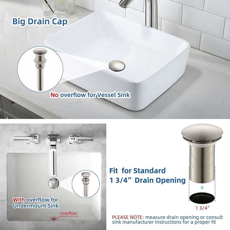Yodel Faucet Vessel Sink Drain Without Overflow - Bathroom Sink Drain Stopper - Pop Up Drain All Metal - Big Cap Fit for Vessel or Undermount Sink,Brushed Nickel,YDPOP-1 - Image 5