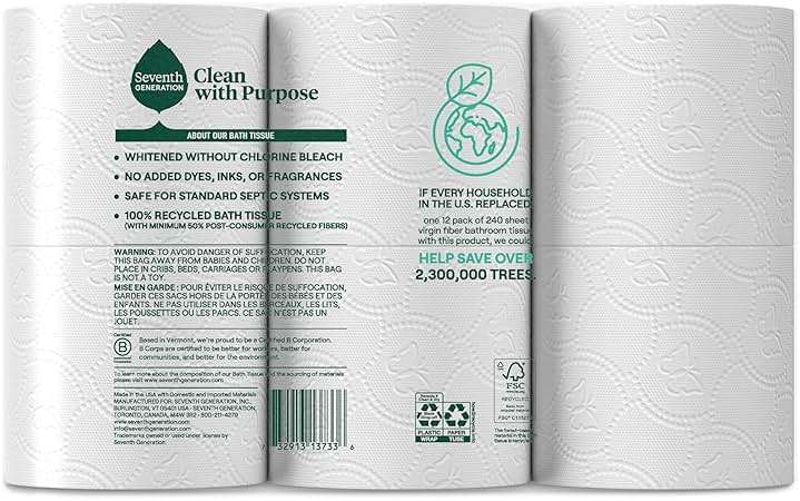 Seventh Generation Toilet Paper, 100% Recycled 2-Ply Bath Tissue, 4 Pack x 12 Rolls of 240 Sheets, Extra Soft, Strong for Home & RV, Whitened without Chlorine Bleach, No Dyes, Fragrances, Septic Safe - Image 2