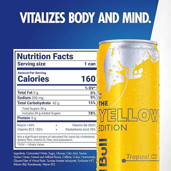 Red Bull Yellow Edition Energy Drink, Tropical, with 114mg Caffeine plus Taurine & B Vitamins, 12 Fl Oz, Pack of 24 Cans - Image 2