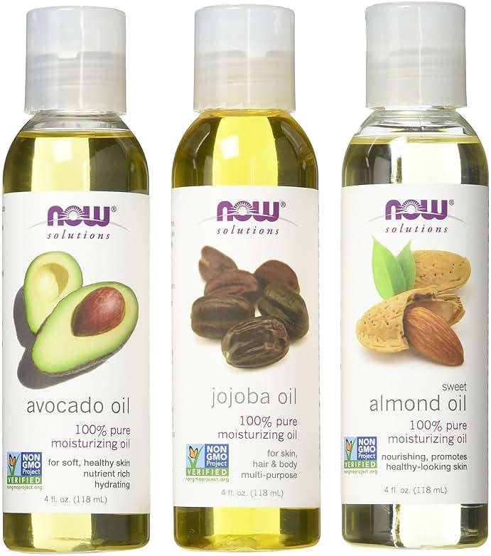 Now Foods Variety Moisturizing Oils Sampler: Sweet Almond, Avocado, and Jojoba Oils - 4oz. Bottles each - Image 1