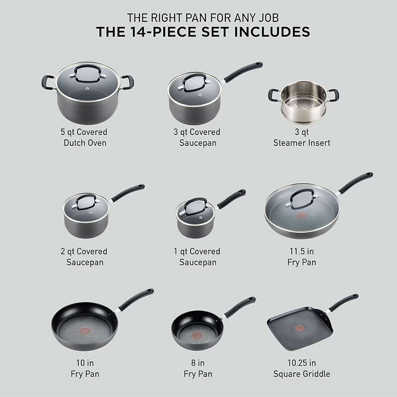 T-fal Ultimate Hard Anodized Nonstick Pots and Pans Set 14 Piece, Oven Broiler Safe 400F, Kitchen Cooking Set w/Fry Pans, Saucepans, Griddle, Dutch Oven, Dishwasher Safe, Cookware, Onyx - Image 2