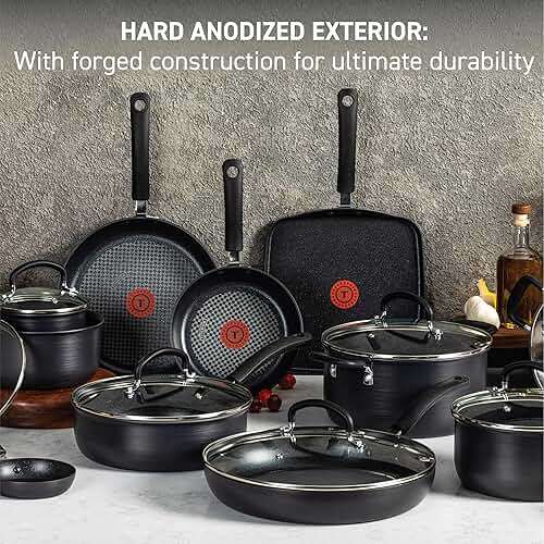 T-fal Ultimate Hard Anodized Nonstick Pots and Pans Set 14 Piece, Oven Broiler Safe 400F, Kitchen Cooking Set w/Fry Pans, Saucepans, Griddle, Dutch Oven, Dishwasher Safe, Cookware, Onyx - Image 3
