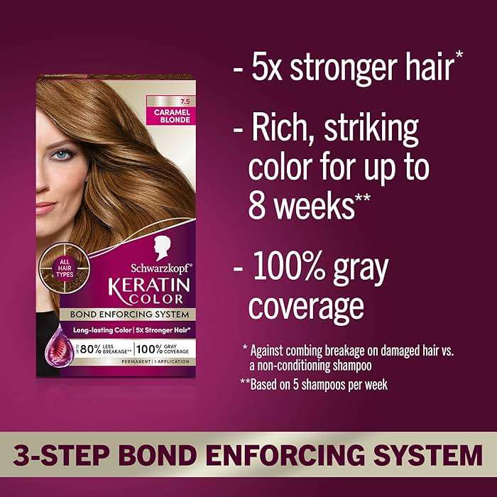 Schwarzkopf Keratin Permanent Hair Dye Cream, 7.5 Caramel Blonde, Professional Quality Color for Up to 100% Gray Coverage, Bond Enforcing System - Image 2
