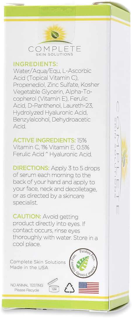 Complete Skin Solutions Natural Vitamin C E Serum with Ferulic Acid 1 oz | Hyaluronic Acid - Image 3
