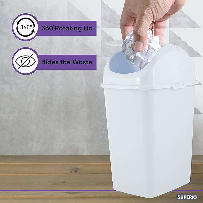 Superio Mini Desktop Trash Can with Swing Top Lid Portable Plastic Garbage Can for Countertop, Desktop, Make up Vanity, Bathroom, Car, Under Sink, Dorm, Compact Waste Bin 5 L, 1.25 Gal. (White) - Image 3