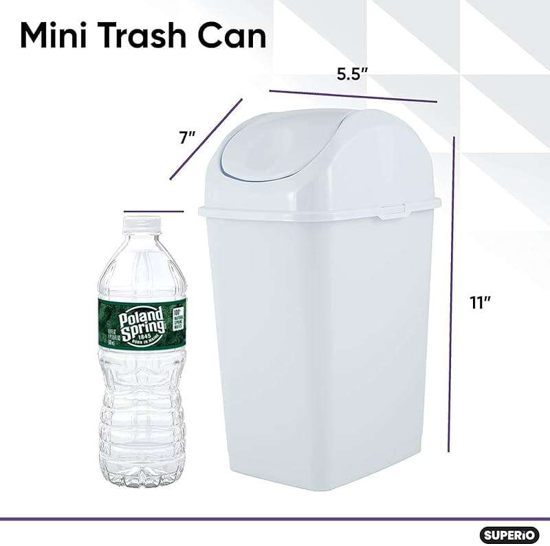 Superio Mini Desktop Trash Can with Swing Top Lid Portable Plastic Garbage Can for Countertop, Desktop, Make up Vanity, Bathroom, Car, Under Sink, Dorm, Compact Waste Bin 5 L, 1.25 Gal. (White) - Image 4