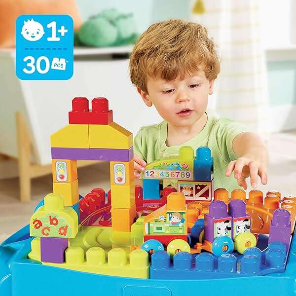 MEGA BLOKS First Builders Toddler Blocks Toy, Build 'n Learn Portable Activity Table with 30 Pieces and Built-In Storage, Blue, Kids Ages 1+ Years - Image 2
