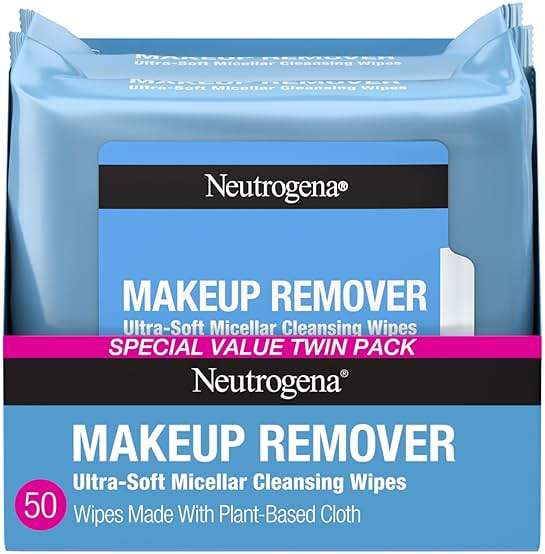 Neutrogena Makeup Remover Micellar Wipes for Face Daily Gently Removes Oil Dirt and Waterproof Makeup in a Simple Fully Plant-Based Cloth, 2 pack of 25 ct - Image 1