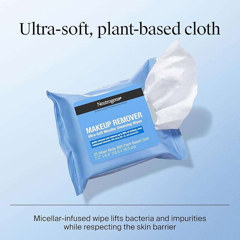 Neutrogena Makeup Remover Micellar Wipes for Face Daily Gently Removes Oil Dirt and Waterproof Makeup in a Simple Fully Plant-Based Cloth, 2 pack of 25 ct - Image 8