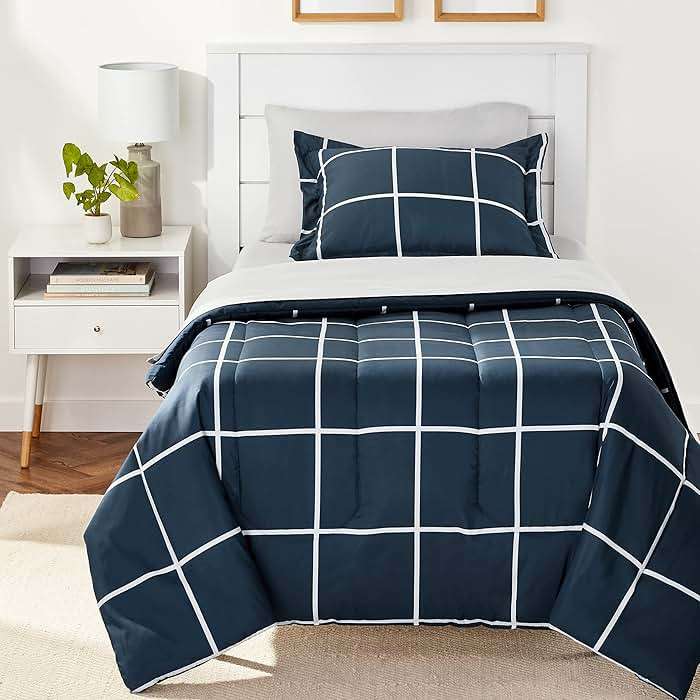 Amazon Basics 5-Piece Lightweight Microfiber Comforter Set with Sheets, Bed-in-a-Bag, Navy with Grey Plaid Bedding, Twin/Twin XL - Image 1
