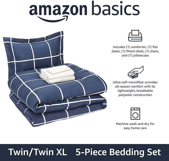 Amazon Basics 5-Piece Lightweight Microfiber Comforter Set with Sheets, Bed-in-a-Bag, Navy with Grey Plaid Bedding, Twin/Twin XL - Image 2