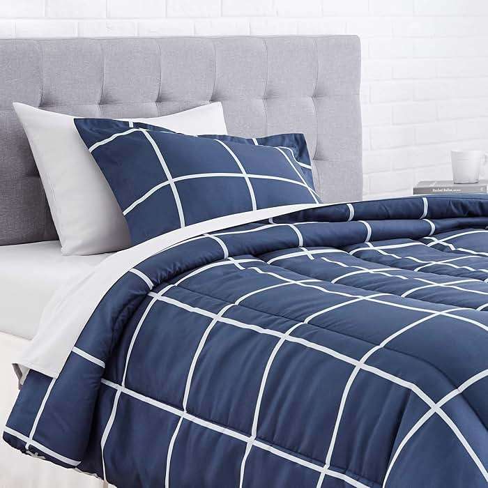 Amazon Basics 5-Piece Lightweight Microfiber Comforter Set with Sheets, Bed-in-a-Bag, Navy with Grey Plaid Bedding, Twin/Twin XL - Image 6