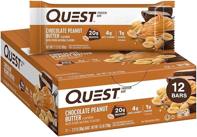 Quest Nutrition Chocolate Peanut Butter Bars, 20g Protein, 1g Sugar, 4g Net Carb, Gluten Free, Keto Friendly, 12 Count - Image 1