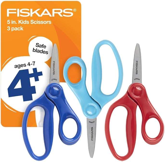 Fiskars 5" Pointed-Tip Scissors for Kids 4-7 (3-Pack) - Scissors for School or Crafting - Back to School Supplies - Red, Blue, Turquoise - Image 1