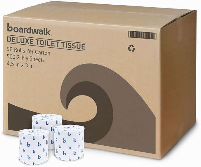 Boardwalk 2-Ply Bulk Toilet Paper Rolls for Professional and Commercial Use | 125 Feet Septic Safe Single Roll Toilet Paper Rolls | 500 White 4.5" x 3" Sheets per Roll | 96 Count per Box - Image 1