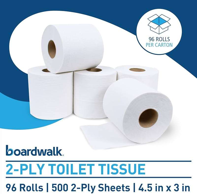 Boardwalk 2-Ply Bulk Toilet Paper Rolls for Professional and Commercial Use | 125 Feet Septic Safe Single Roll Toilet Paper Rolls | 500 White 4.5" x 3" Sheets per Roll | 96 Count per Box - Image 2