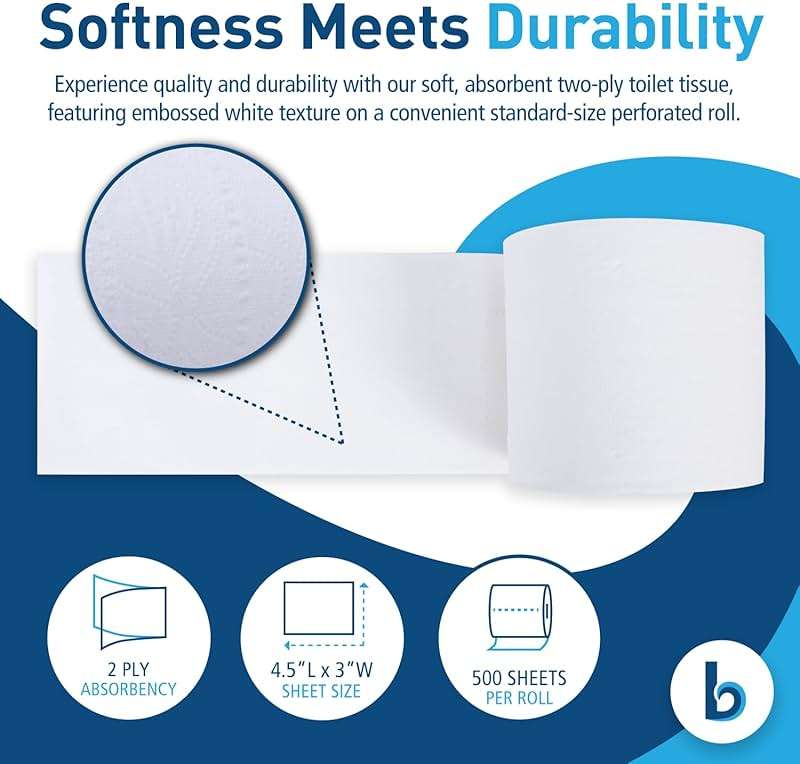 Boardwalk 2-Ply Bulk Toilet Paper Rolls for Professional and Commercial Use | 125 Feet Septic Safe Single Roll Toilet Paper Rolls | 500 White 4.5" x 3" Sheets per Roll | 96 Count per Box - Image 3
