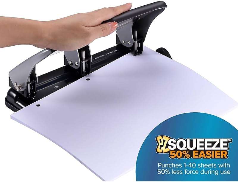 Bostitch Office EZ Squeeze Heavy Duty 3-Hole Punch for Home Office & School, 40-Sheet Capacity, One-Touch Reduced Force, Sleek Silver Design - Image 2