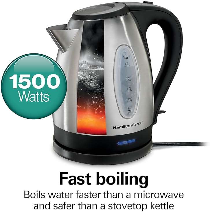 Hamilton Beach Electric Tea Kettle, Water Boiler & Heater, 1.7 Liter, Cordless Serving, 1500 Watts for Fast Boiling, Auto-Shutoff and Boil-Dry Protection, Stainless Steel (40880) - Image 4