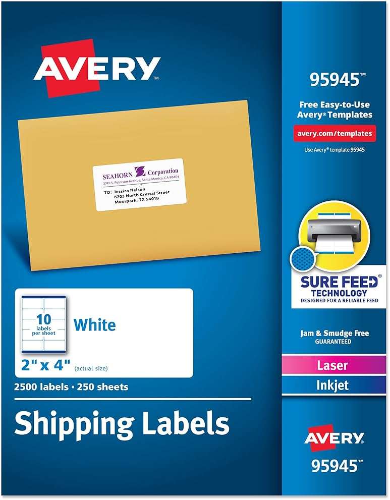 Avery Printable Shipping Labels, Sure Feed Technology, 2" x 4" Customizable Stickers, White, 2,500 Blank Mailing Labels, Great for Mailing, Shipping, and More (95945) - Image 1