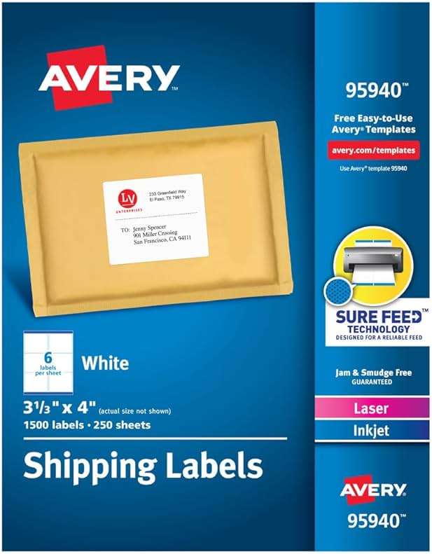 Avery Printable Shipping Labels with Sure Feed, 3-1/3" x 4", White, 1,500 Blank Mailing Labels (95940) - Image 1