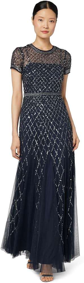 Adrianna Papell Womens Short-Sleeve Grid Beaded Gown - Image 1