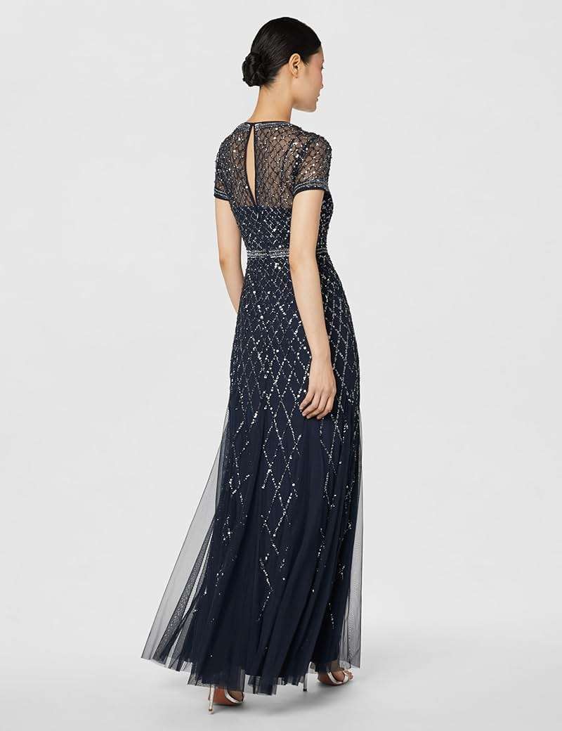 Adrianna Papell Womens Short-Sleeve Grid Beaded Gown - Image 3