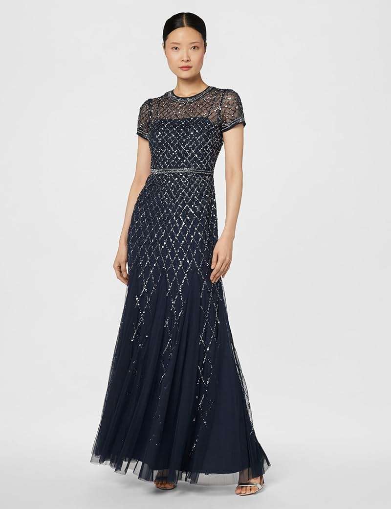 Adrianna Papell Womens Short-Sleeve Grid Beaded Gown - Image 6