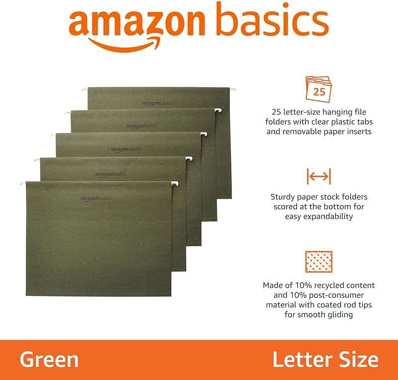 Amazon Basics Hanging File Folders with Adjustable Tabs, Sturdy Expandable Document Organizer, Letter Size 8.5x11 inch, Green, 25-Pack - Image 3