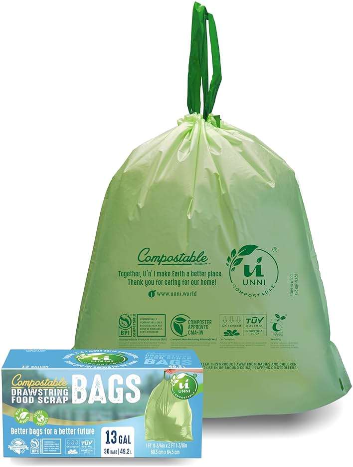 UNNI Compostable Drawstring Bags, 13 Gallon, 49.2 Liter, 30 Count, Heavy Duty 1 Mil, Tall Kitchen Food Scrap Waste Bags, ASTM D6400, US BPI, CMA & Europe OK compost Certified, San Francisco - Image 1