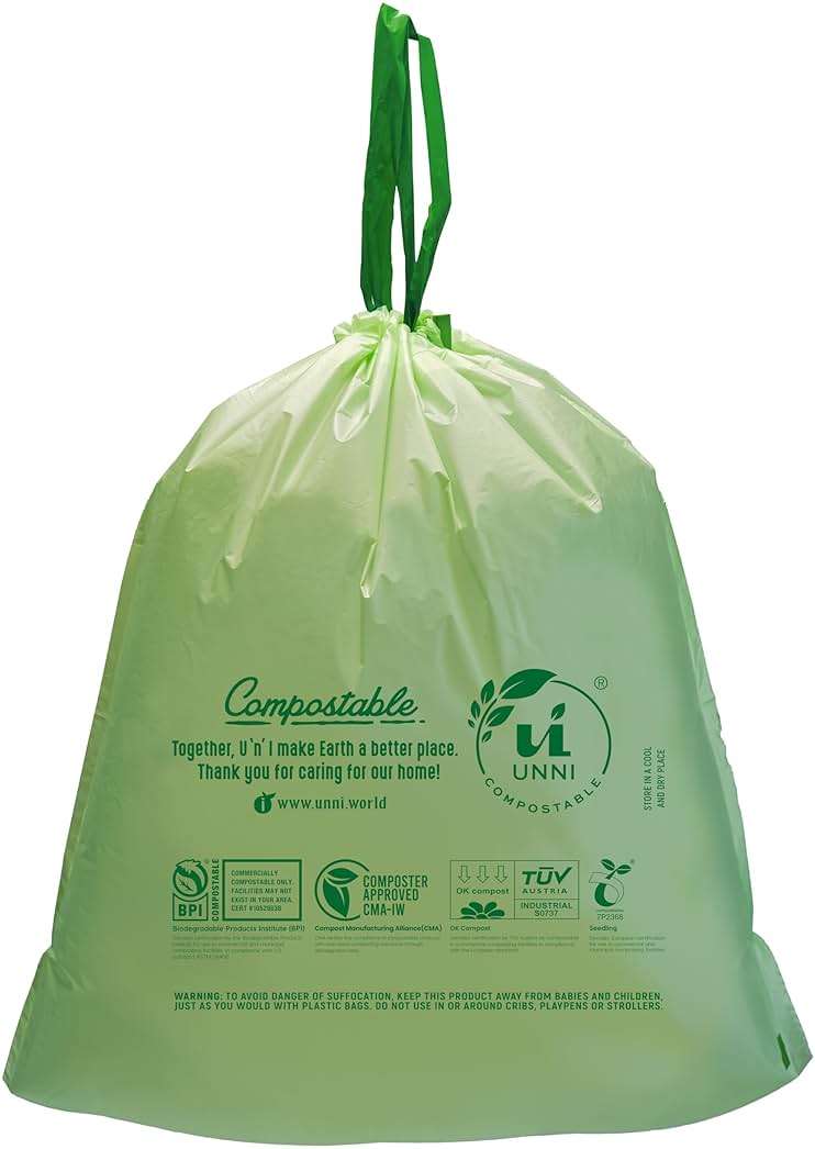 UNNI Compostable Drawstring Bags, 13 Gallon, 49.2 Liter, 30 Count, Heavy Duty 1 Mil, Tall Kitchen Food Scrap Waste Bags, ASTM D6400, US BPI, CMA & Europe OK compost Certified, San Francisco - Image 4