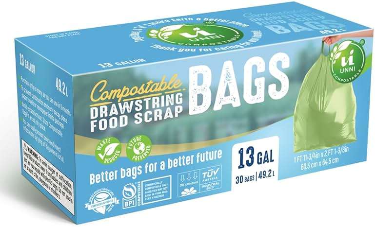 UNNI Compostable Drawstring Bags, 13 Gallon, 49.2 Liter, 30 Count, Heavy Duty 1 Mil, Tall Kitchen Food Scrap Waste Bags, ASTM D6400, US BPI, CMA & Europe OK compost Certified, San Francisco - Image 7