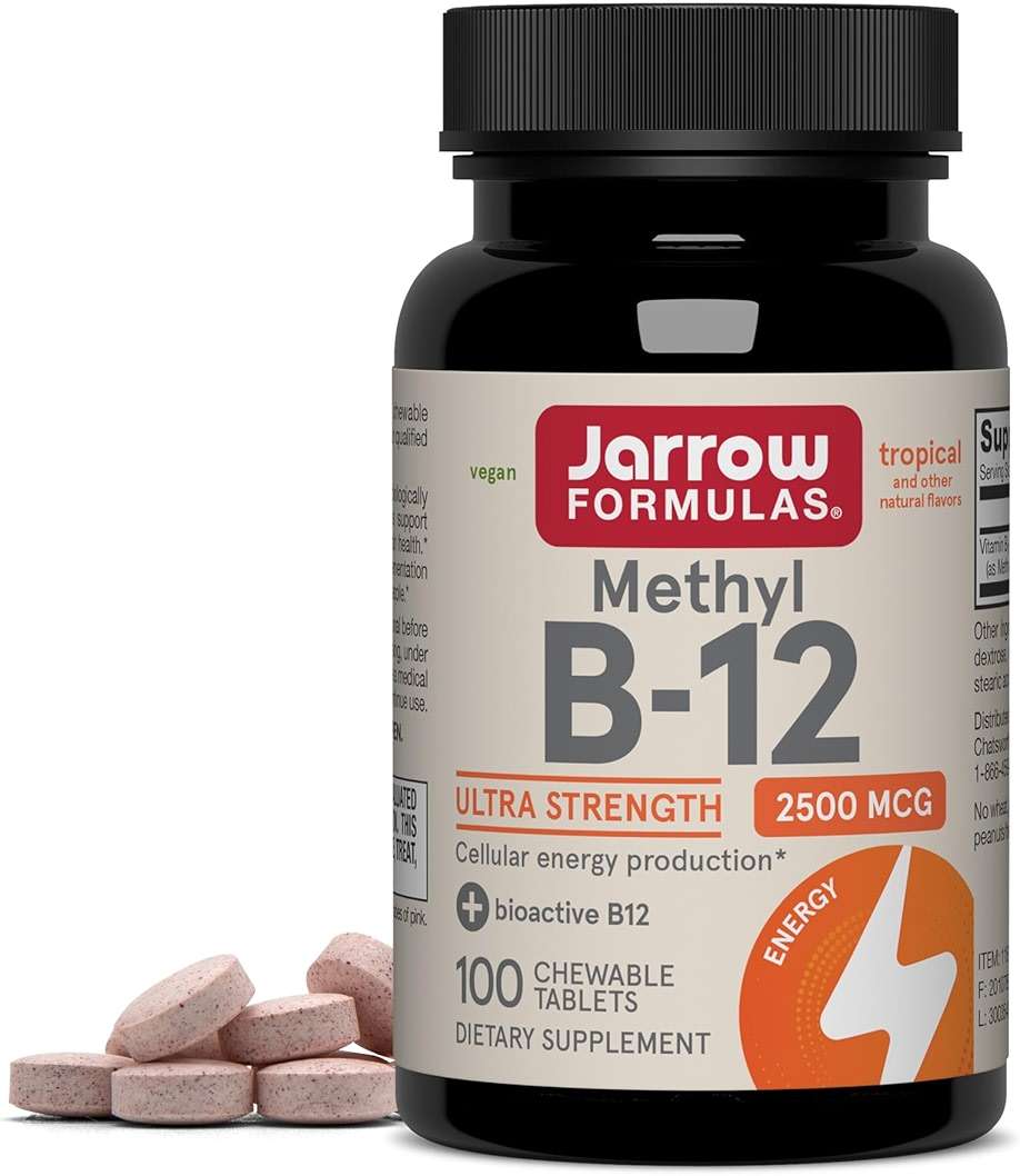 Jarrow Formulas Methyl Vitamin B12 2500 mcg, 100 Chewable Tablets, Tropical Flavored- Bioactive B12 Vitamin - Supports Cellular Energy Production, Brain Health & Metabolism - 100 Servings - Image 1