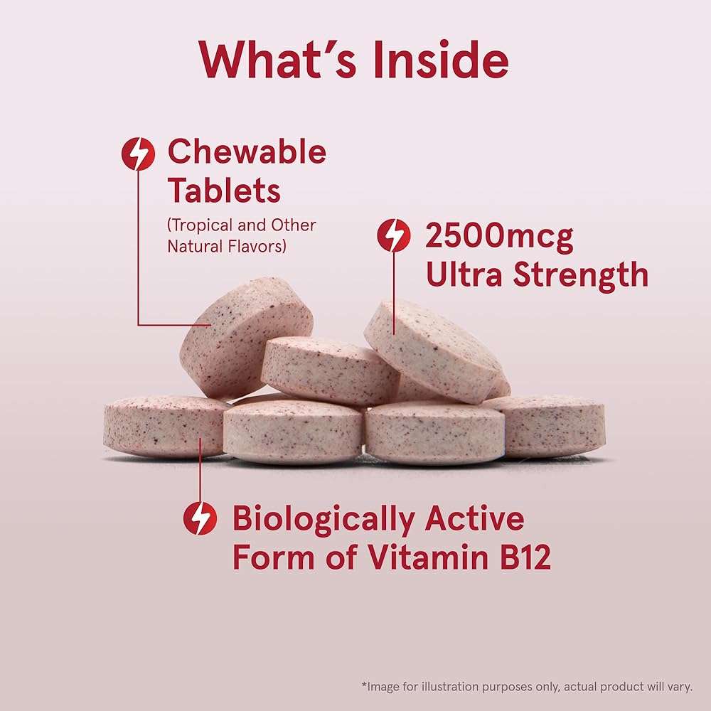 Jarrow Formulas Methyl Vitamin B12 2500 mcg, 100 Chewable Tablets, Tropical Flavored- Bioactive B12 Vitamin - Supports Cellular Energy Production, Brain Health & Metabolism - 100 Servings - Image 2