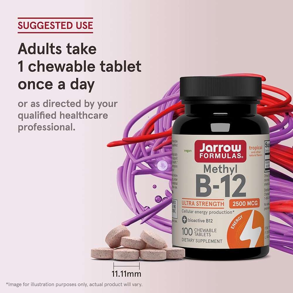 Jarrow Formulas Methyl Vitamin B12 2500 mcg, 100 Chewable Tablets, Tropical Flavored- Bioactive B12 Vitamin - Supports Cellular Energy Production, Brain Health & Metabolism - 100 Servings - Image 6