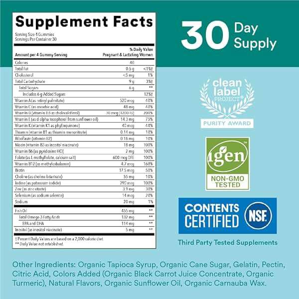 SmartyPants Prenatal Vitamins for Women, Multivitamin Gummies: Omega 3 Fish Oil (EPA/DHA), Biotin, Methylfolate, Vitamin D3, C, Vitamin B12, B6, A, K & Zinc, Inositol, 120 Count (30 Day Supply) - Image 4