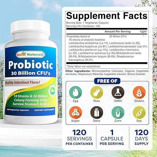 Best Naturals Probiotic 10 Strains & 30 Billion CFU Intestinal Flora, 120 Veggie Capsules - Shelf Stable probiotic (4146365) - Image 2