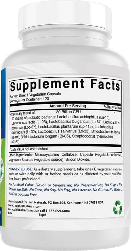 Best Naturals Probiotic 10 Strains & 30 Billion CFU Intestinal Flora, 120 Veggie Capsules - Shelf Stable probiotic (4146365) - Image 6