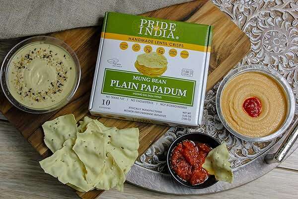 Pride of India Plain Mung Bean Papadum – 10 Count (3.5 oz/ 100g) | Moong Dal Lentil Crisps (Papad) | Easy to Cook, Light & Crunchy Poppadom Crackers | Gluten-Free, Vegan, Healthy Protein Snack - Image 3