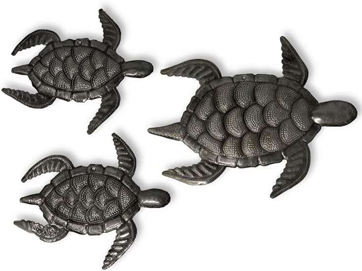 Decorative Sea Turtle Plaques, Set of 3, Swimming Right, Nautical Ocean, Beach, Themed, Metal Wall Art, Recycled Steel Haiti Large Turtle 10 x 8, mini turtles 6.5 x 7 Inches - Image 1