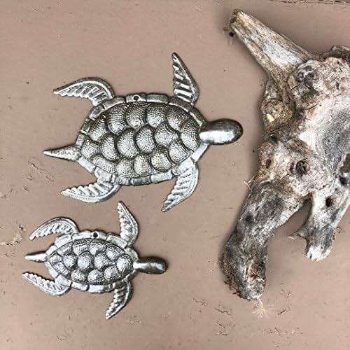 Decorative Sea Turtle Plaques, Set of 3, Swimming Right, Nautical Ocean, Beach, Themed, Metal Wall Art, Recycled Steel Haiti Large Turtle 10 x 8, mini turtles 6.5 x 7 Inches - Image 2