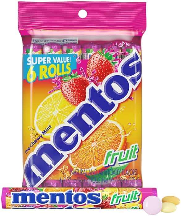 Mentos Fruit Chewy Mint Candy Roll, Mixed Fruit Flavors, Valentine's Day Candy for Parties & Favors, 14 Pieces Per Roll (Pack of 6) - Image 1