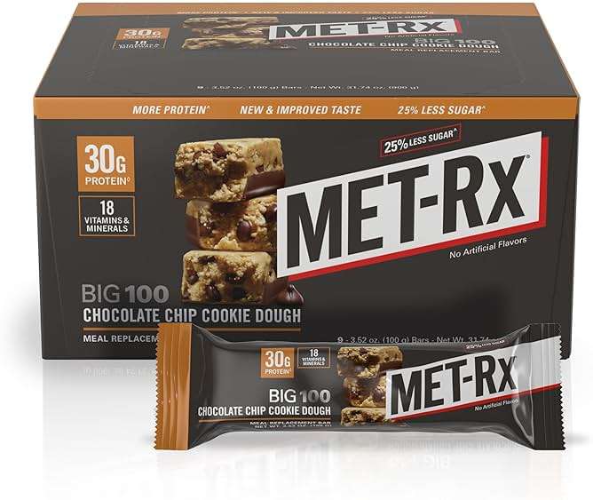 MET-Rx Big 100 Colossal Protein Bars, Chocolate Chip Cookie Dough Meal Replacement Bars, 9 Count (Pack of 1) - Image 1