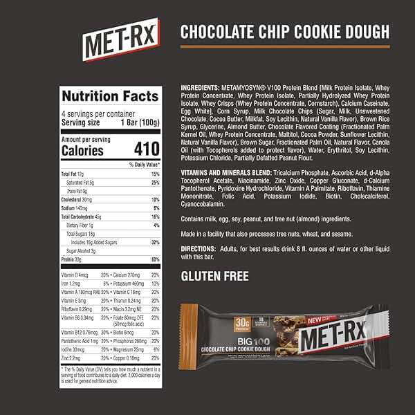 MET-Rx Big 100 Colossal Protein Bars, Chocolate Chip Cookie Dough Meal Replacement Bars, 9 Count (Pack of 1) - Image 2
