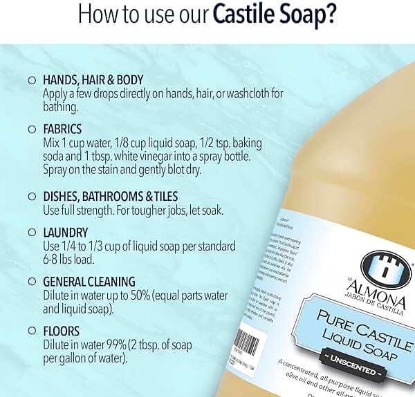 La Almona - Pure Castile Liquid Soap, UNSCENTED, 1 Gallon - Multipurpose: Hands, Face, Body, Laundry, Dishes & More - For Sensitive Skin, All-Natural Ingredients, Fragrance Free - Image 7