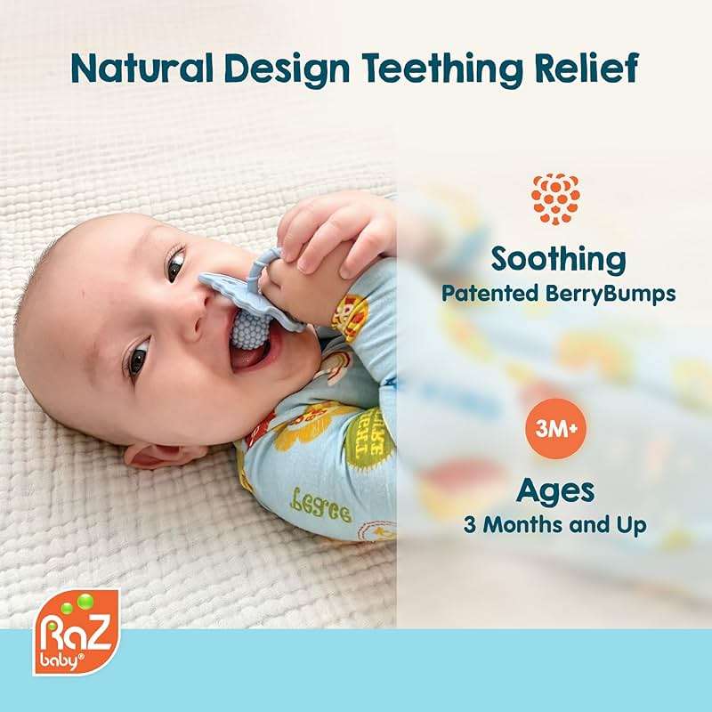 RaZbaby RaZberry Silicone Teether Pacifier – Teething Relief for Infants, Food-Grade, BPA-Free, Hands-Free, Natural Berrybumps Fruit Texture for Sensory Development, Freezable, 2-Pack - Green & White - Image 2